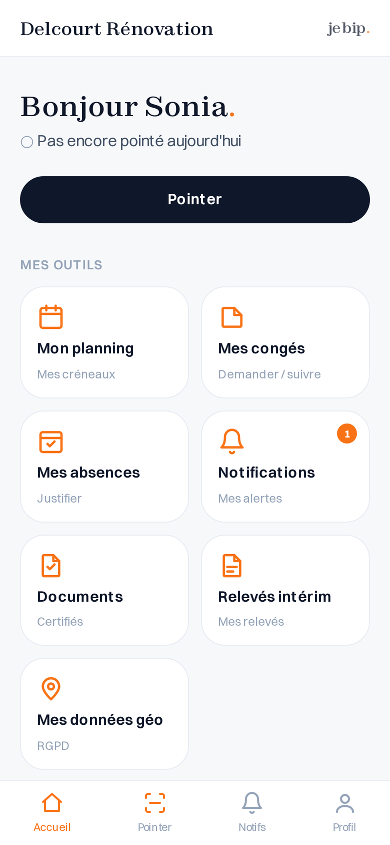 Écran réel de l’app salarié jebip : bouton Pointer, planning, congés, absences, documents certifiés