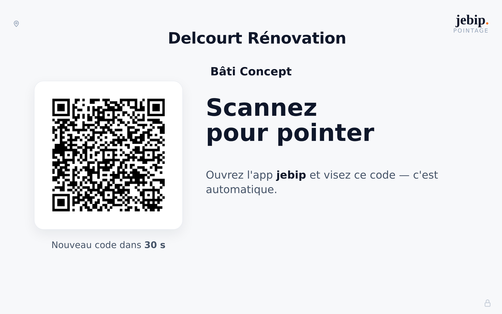 Écran réel de la borne jebip après un toucher : QR code de pointage rotatif affiché